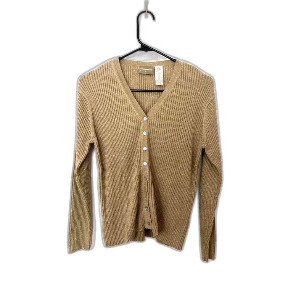 Liz Claiborne Metallic Gold Holiday Button Closure Knit Cardigan Size M